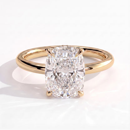 Elongated Cushion lab-grown diamond halo engagement ring in 18K (750) yellow gold, front view 