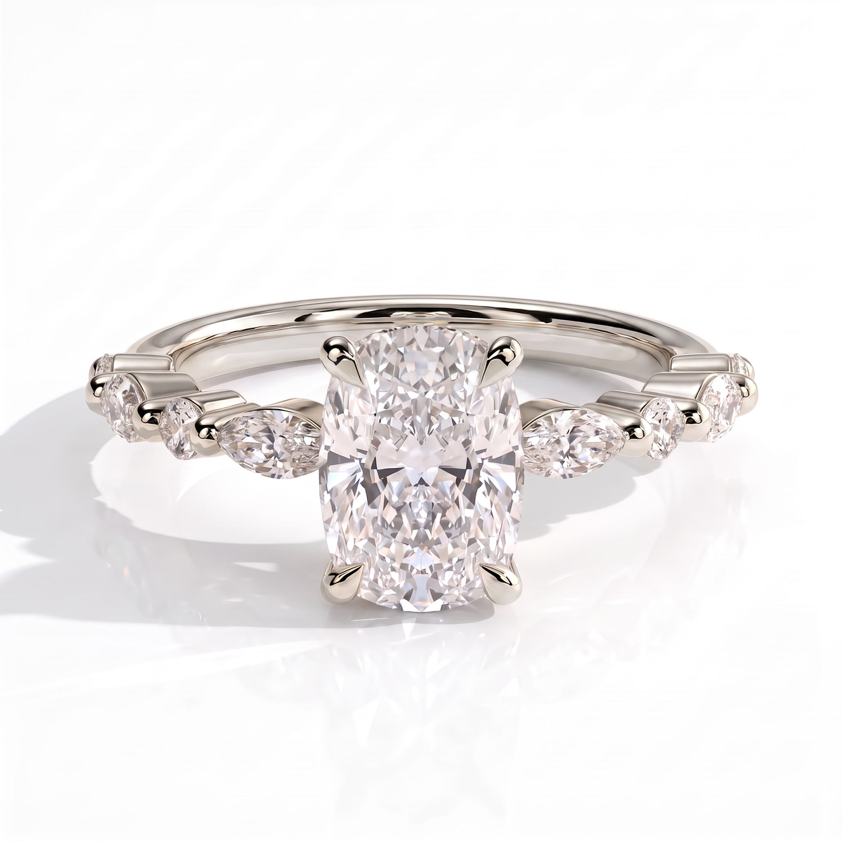 Elongated Cushion lab-grown diamond halo engagement ring in 950 platinum, front view 