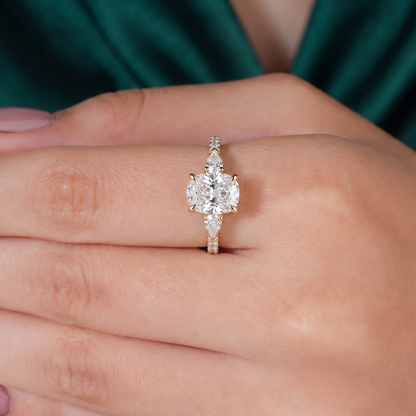 Elongated Cushion lab-grown diamond three-stone engagement ring in 14K (585) white gold, three-quarter view 
