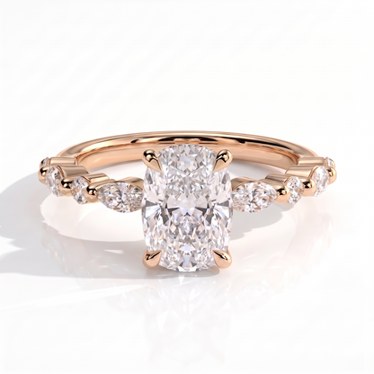 Elongated Cushion lab-grown diamond halo engagement ring in 14K (585) rose gold, front view 