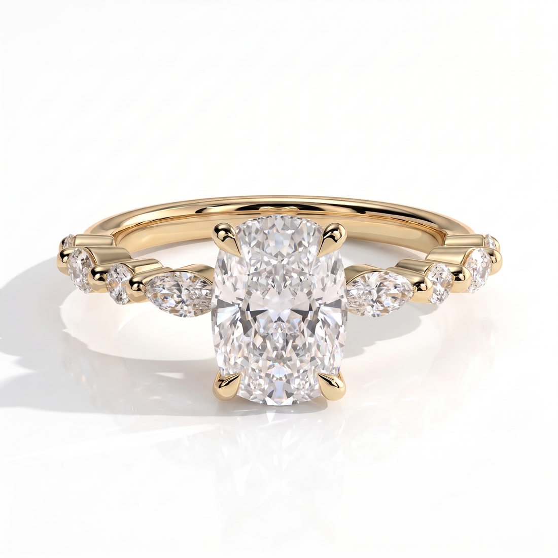 Elongated Cushion lab-grown diamond halo engagement ring in 14K (585) yellow gold, front view 