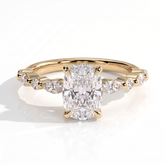Elongated Cushion lab-grown diamond halo engagement ring in 14K (585) yellow gold, front view 