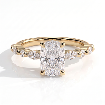 Elongated Cushion lab-grown diamond halo engagement ring in 14K (585) yellow gold, front view 