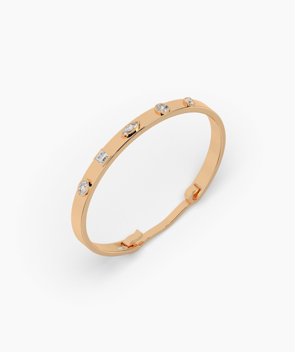 Coralie Armreif mit Labordiamanten in verschiedenen Schliffformen aus 585 Roségold, Schrägansicht 