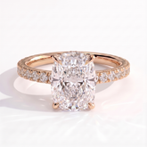 Elongated Cushion lab-grown diamond halo engagement ring in 18K (750) rose gold, front view 