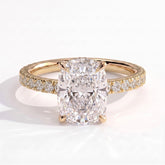 Elongated Cushion lab-grown diamond halo engagement ring in 18K (750) yellow gold, front view 
