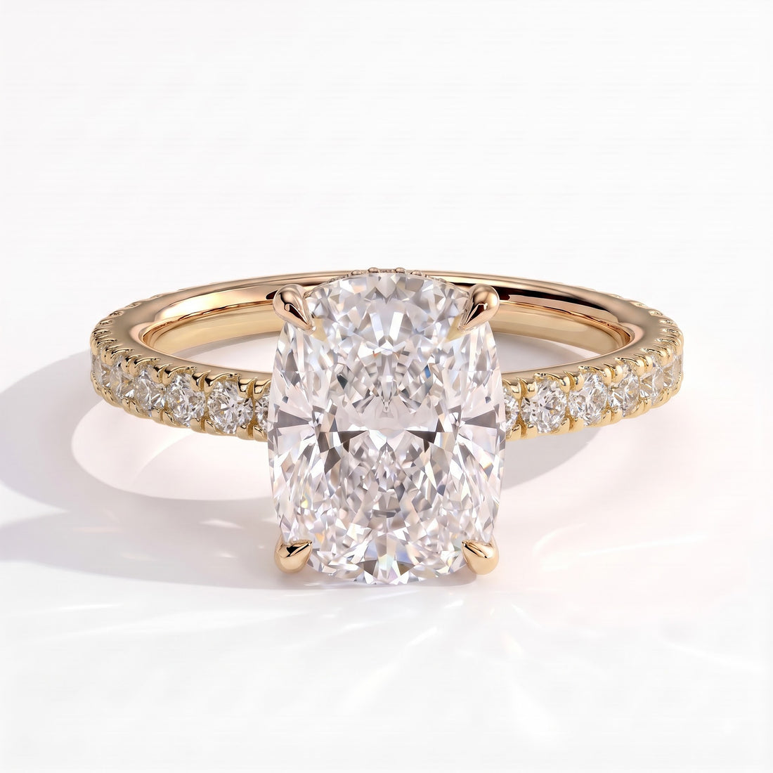 Elongated Cushion lab-grown diamond halo engagement ring in 14K (585) yellow gold, front view 