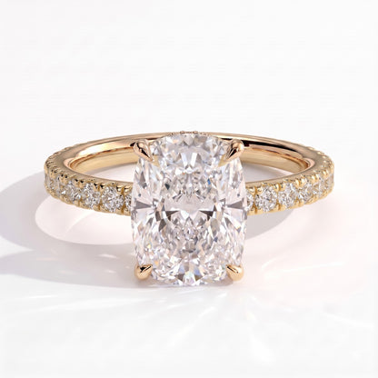Elongated Cushion lab-grown diamond halo engagement ring in 14K (585) yellow gold, front view 