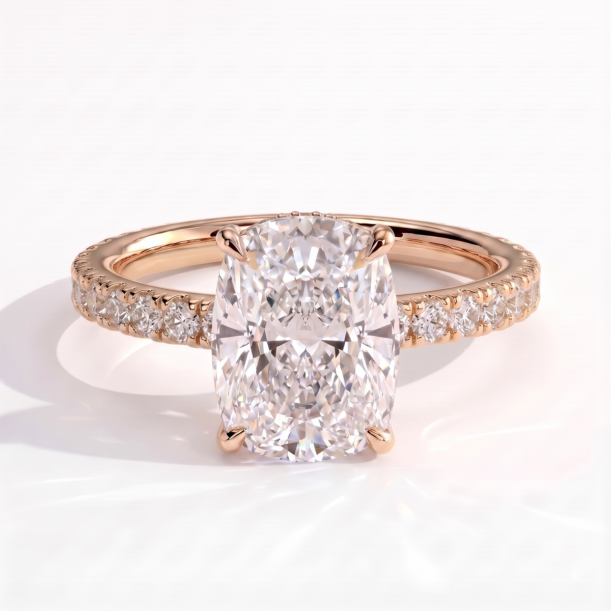 Elongated Cushion lab-grown diamond halo engagement ring in 14K (585) rose gold, front view 