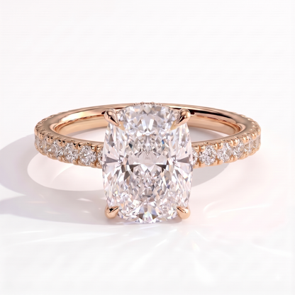 Elongated Cushion lab-grown diamond halo engagement ring in 14K (585) rose gold, front view 