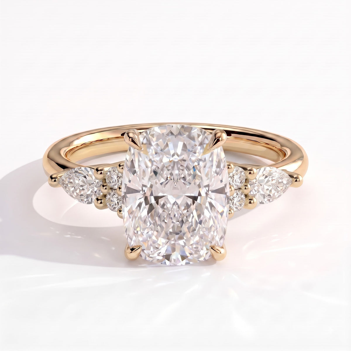 Elongated Cushion lab-grown diamond halo engagement ring in 14K (585) yellow gold, front view 