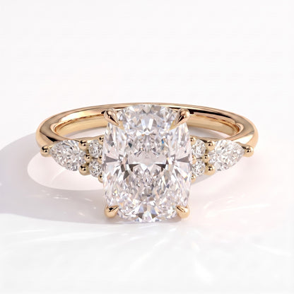 Elongated Cushion lab-grown diamond halo engagement ring in 14K (585) yellow gold, front view 