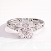 Elongated Cushion lab-grown diamond halo engagement ring in 14K (585) white gold, front view 