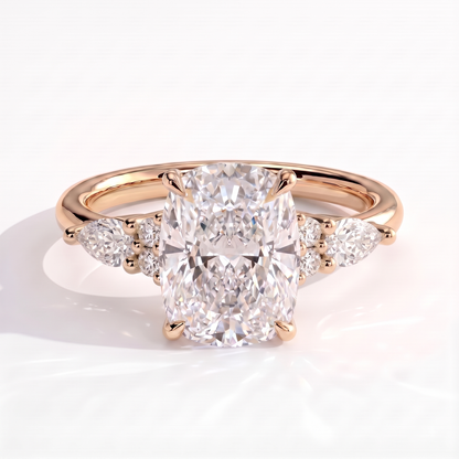 Elongated Cushion lab-grown diamond halo engagement ring in 18K (750) rose gold, front view 