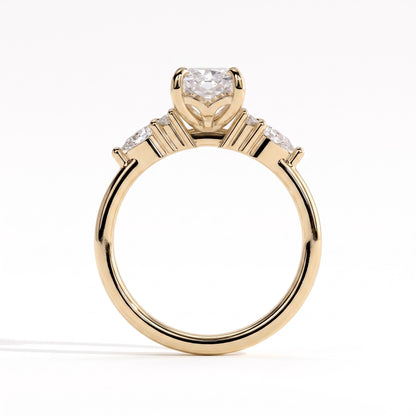 Elongated Cushion lab-grown diamond halo engagement ring in 18K (750) yellow gold, side profile 