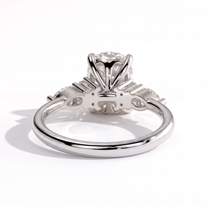 Elongated Cushion lab-grown diamond halo engagement ring in 18K (750) white gold, on white background 