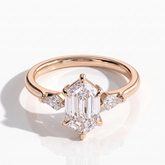 Elongated Hexagon lab-grown diamond three-stone engagement ring in 18K (750) rose gold, front view 