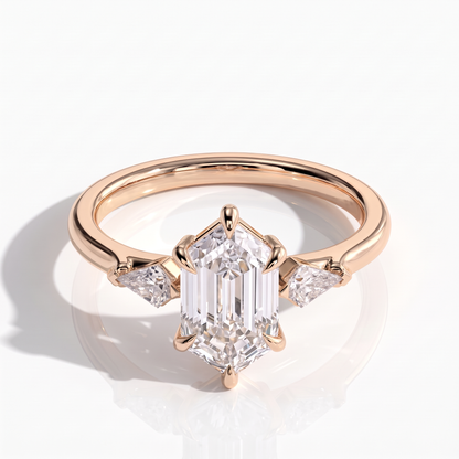 Elongated Hexagon lab-grown diamond three-stone engagement ring in 14K (585) rose gold, front view 