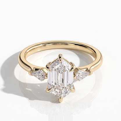 Elongated Hexagon lab-grown diamond three-stone engagement ring in 14K (585) yellow gold, front view 