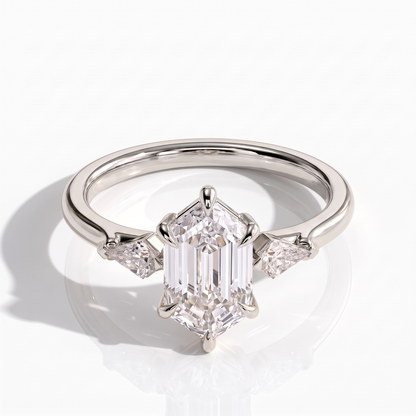 Elongated Hexagon lab-grown diamond three-stone engagement ring in 950 platinum, front view 