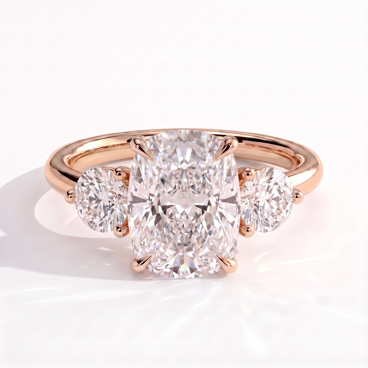 Elongated Cushion lab-grown diamond three-stone engagement ring in 18K (750) rose gold, front view 