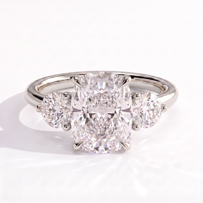 Elongated Cushion lab-grown diamond three-stone engagement ring in 14K (585) white gold, front view 