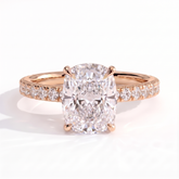 Elongated Cushion lab-grown diamond halo engagement ring in 18K (750) rose gold, front view 