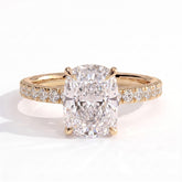 Elongated Cushion lab-grown diamond halo engagement ring in 18K (750) yellow gold, front view 