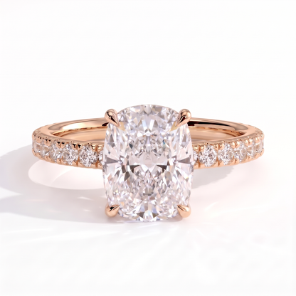 Elongated Cushion lab-grown diamond halo engagement ring in 14K (585) rose gold, front view 
