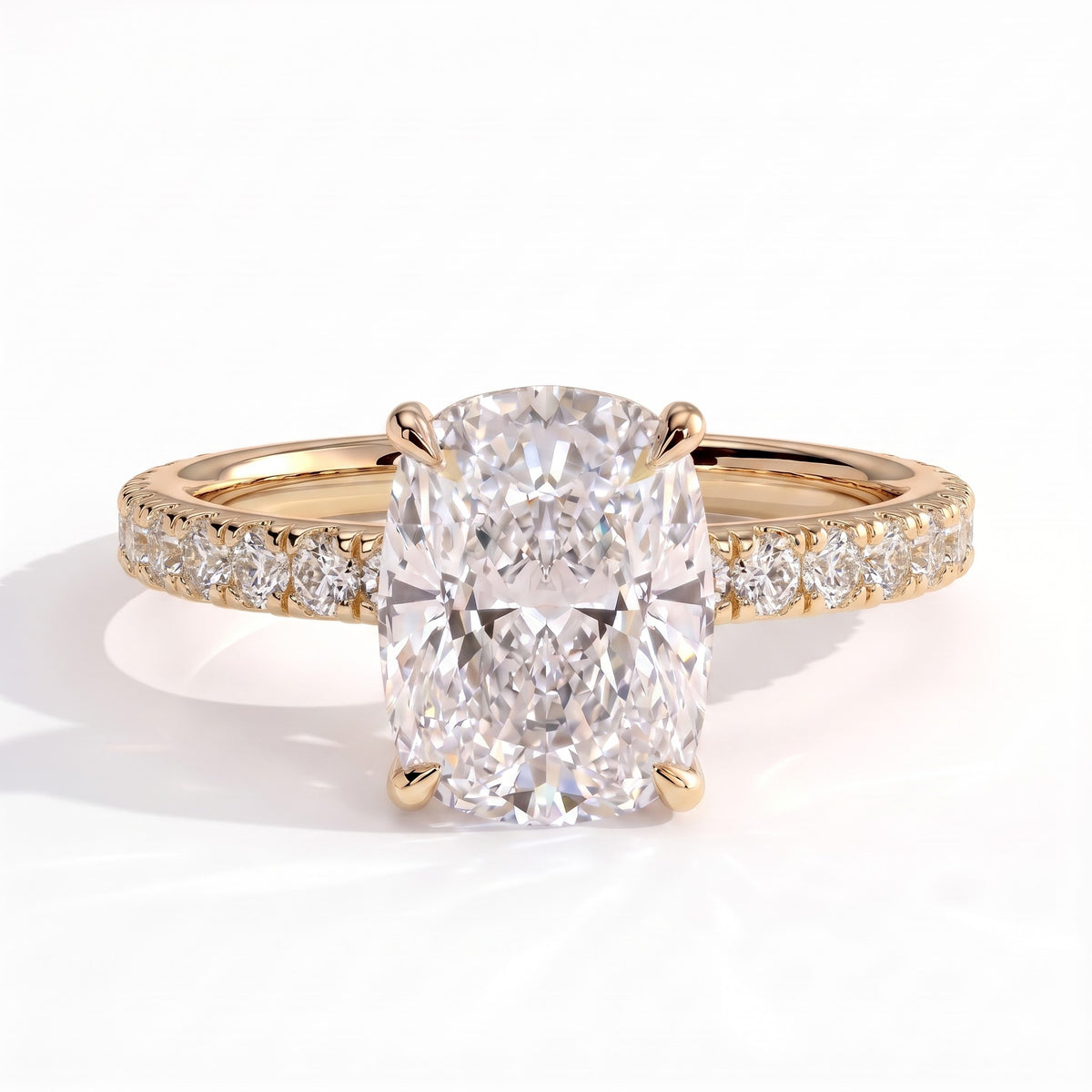 Elongated Cushion lab-grown diamond halo engagement ring in 14K (585) yellow gold, front view 