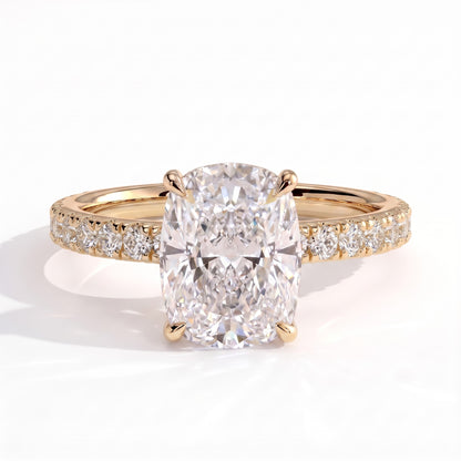 Elongated Cushion lab-grown diamond halo engagement ring in 14K (585) yellow gold, front view 