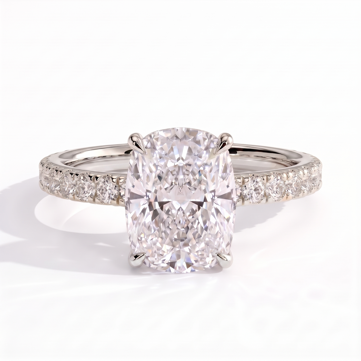 Elongated Cushion lab-grown diamond halo engagement ring in 18K (750) white gold, front view 