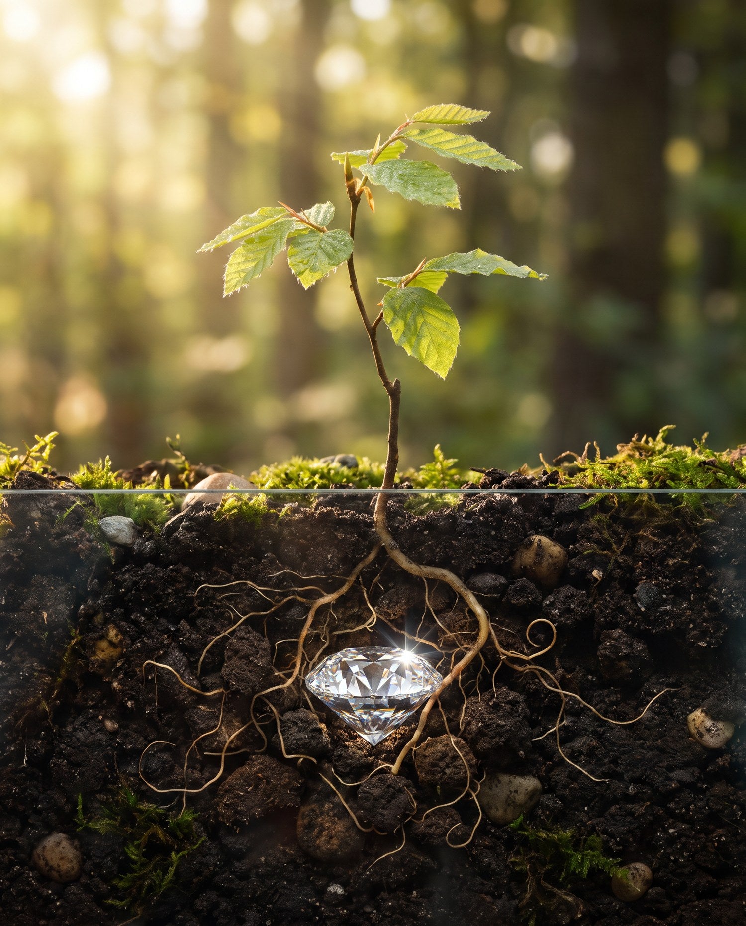 A diamond in the soil, held by the roots of a young tree
