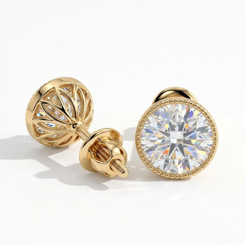 Isadora Round Diamond Milgrain Bezel Lotus Basket Stud Earrings