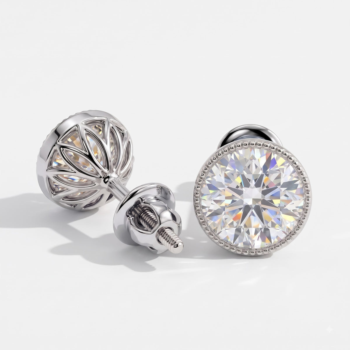 Isadora Round Diamond Milgrain Bezel Lotus Basket Stud Earrings