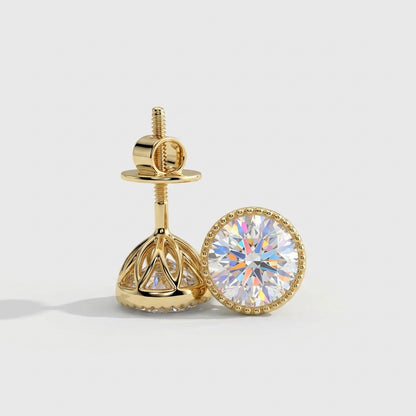 Isadora Round Diamond Milgrain Bezel Lotus Basket Stud Earrings