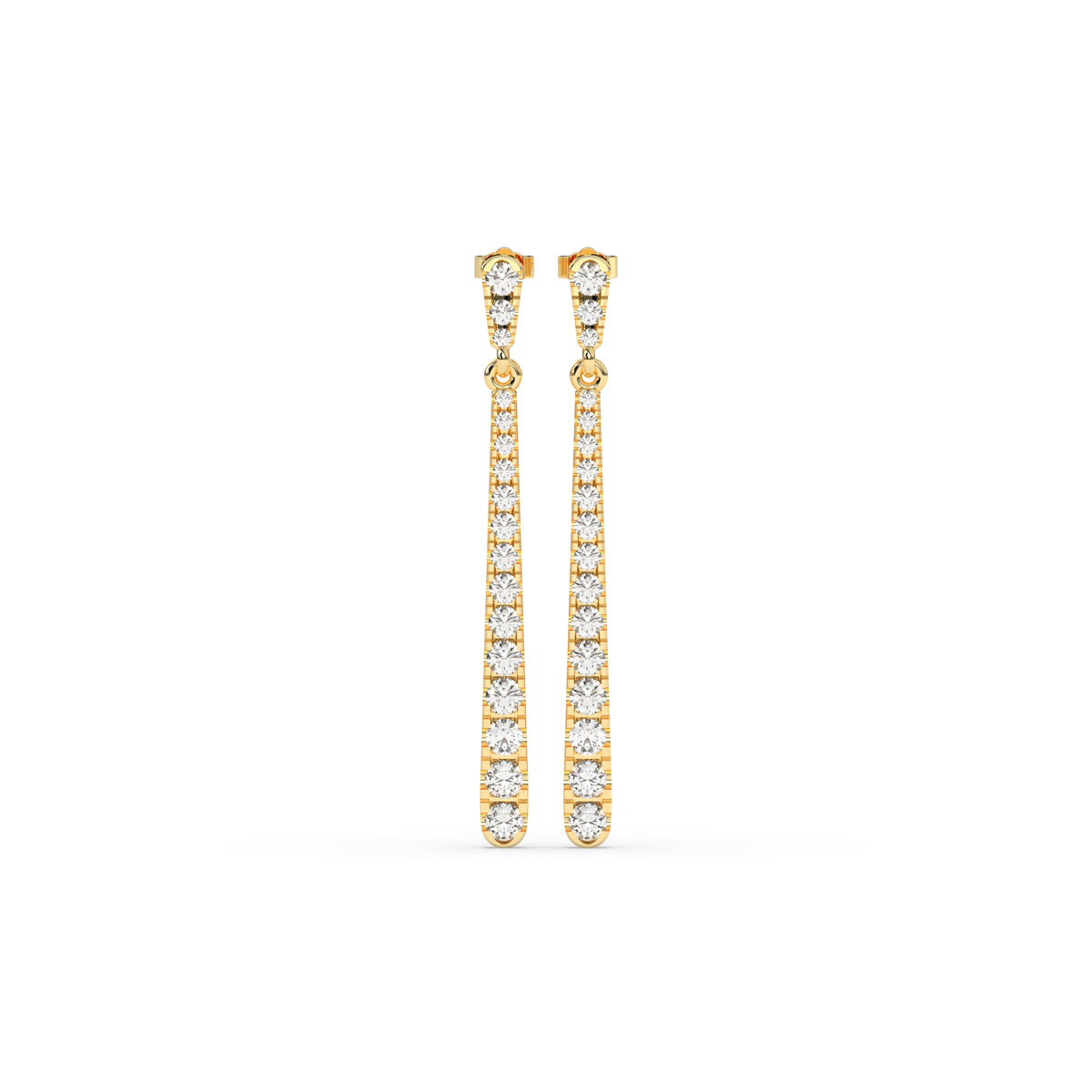 Gold earrings with clear stones on a white background. 