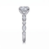Round lab-grown diamond hidden halo engagement ring with vintage milgrain accent band in 14K (585) white gold, side view 