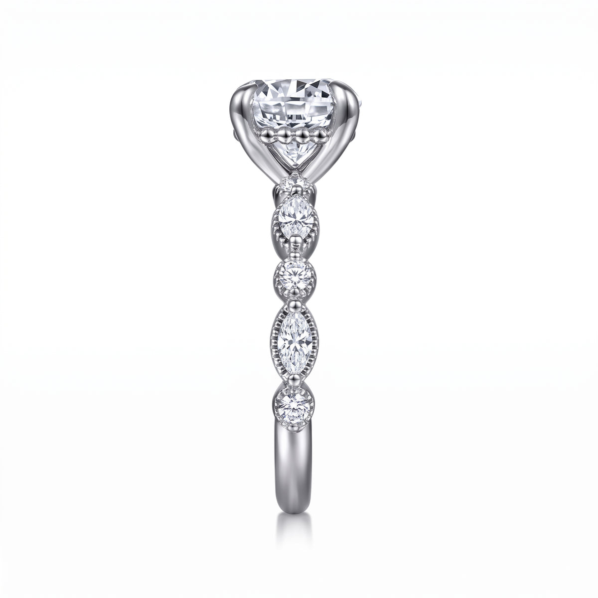 Round lab-grown diamond hidden halo engagement ring with vintage milgrain accent band in 14K (585) white gold, side view 
