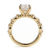 Round lab-grown diamond hidden halo engagement ring with vintage milgrain accent band in 14K (585) yellow gold, profile view showing the gallery 