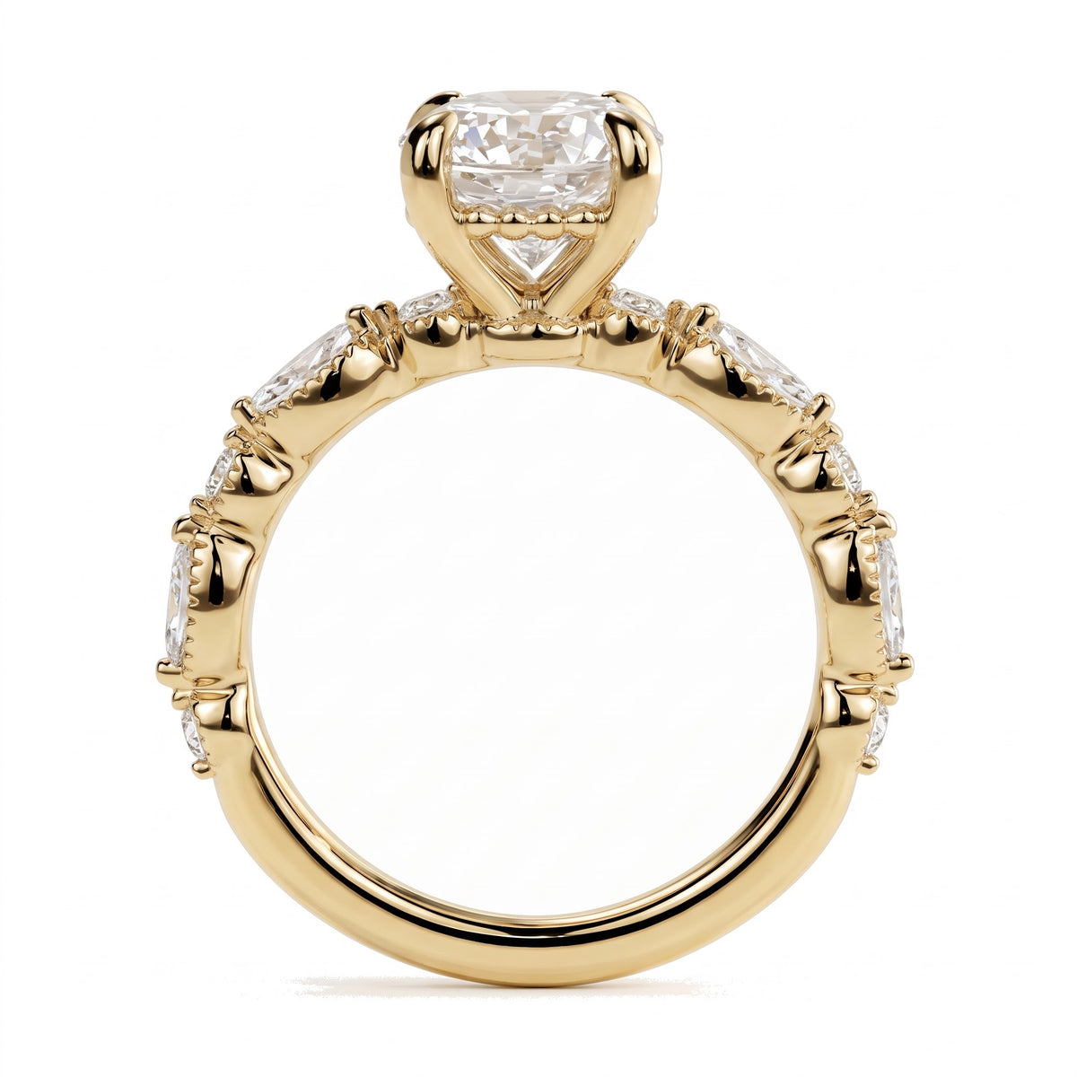 Round lab-grown diamond hidden halo engagement ring with vintage milgrain accent band in 14K (585) yellow gold, profile view showing the gallery 