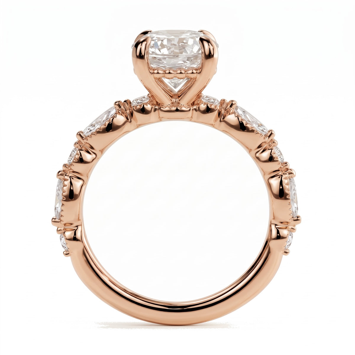 Round lab-grown diamond hidden halo engagement ring with vintage milgrain accent band in 14K (585) rose gold, profile view showing the gallery 