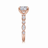 Round lab-grown diamond hidden halo engagement ring with vintage milgrain accent band in 14K (585) rose gold, side view 