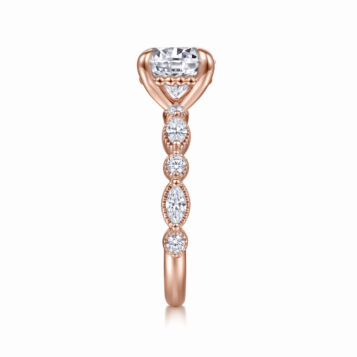 Round lab-grown diamond hidden halo engagement ring with vintage milgrain accent band in 14K (585) rose gold, side view 