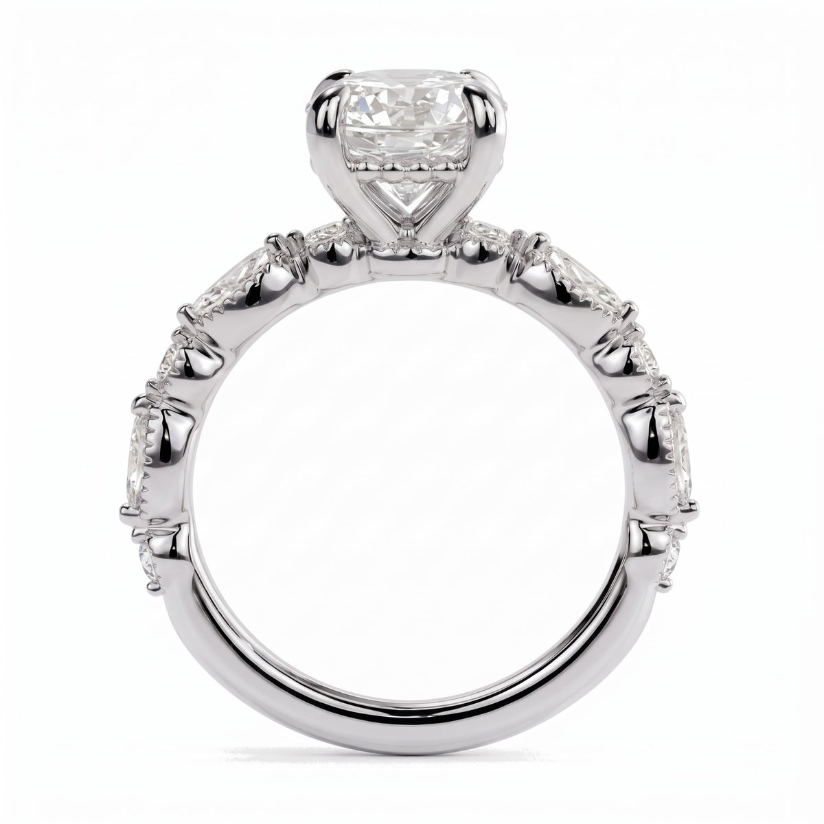 Round lab-grown diamond hidden halo engagement ring with vintage milgrain accent band in 14K (585) white gold, profile view showing the gallery 