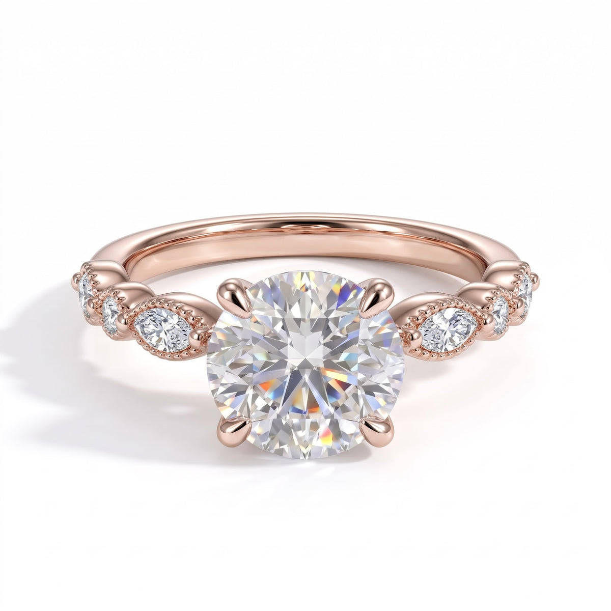 Round lab-grown diamond hidden halo engagement ring with vintage milgrain accent band in 14K (585) rose gold, front view 