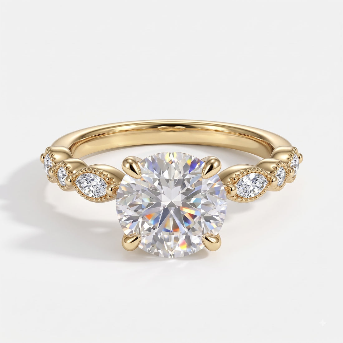 Round lab-grown diamond hidden halo engagement ring with vintage milgrain accent band in 14K (585) yellow gold, front view 
