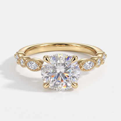 Round lab-grown diamond hidden halo engagement ring with vintage milgrain accent band in 14K (585) yellow gold, front view 
