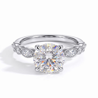 Round lab-grown diamond hidden halo engagement ring with vintage milgrain accent band in 14K (585) white gold, front view 