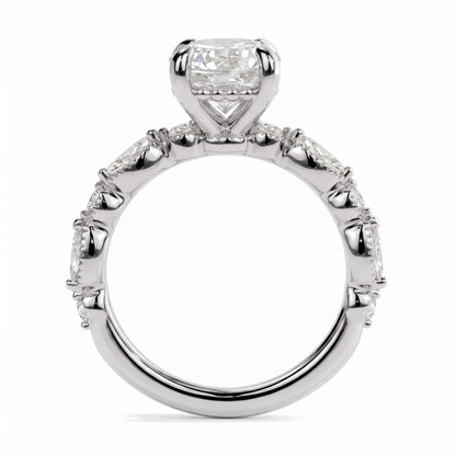 Round lab-grown diamond hidden halo engagement ring with vintage milgrain accent band in 18K (750) white gold, profile view showing the gallery 